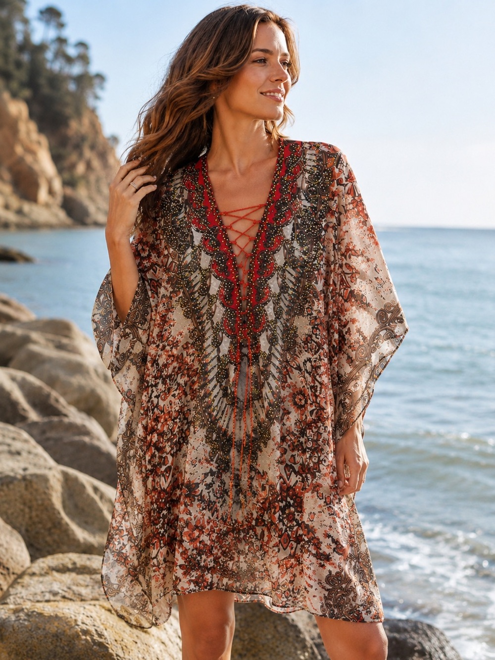 Colleen Lopez Beaded Boho Kimono Cover Up One Size Lace Up Caftan Festival